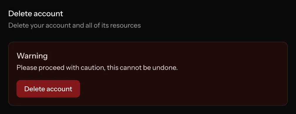 Leapcount User Preferences - Delete Account (Dark Mode)