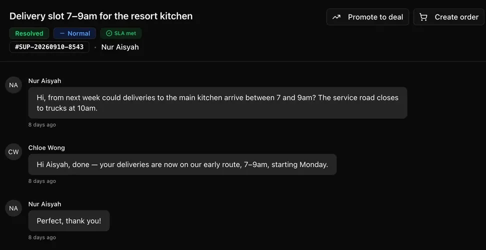 A support conversation in LeapCount CRM