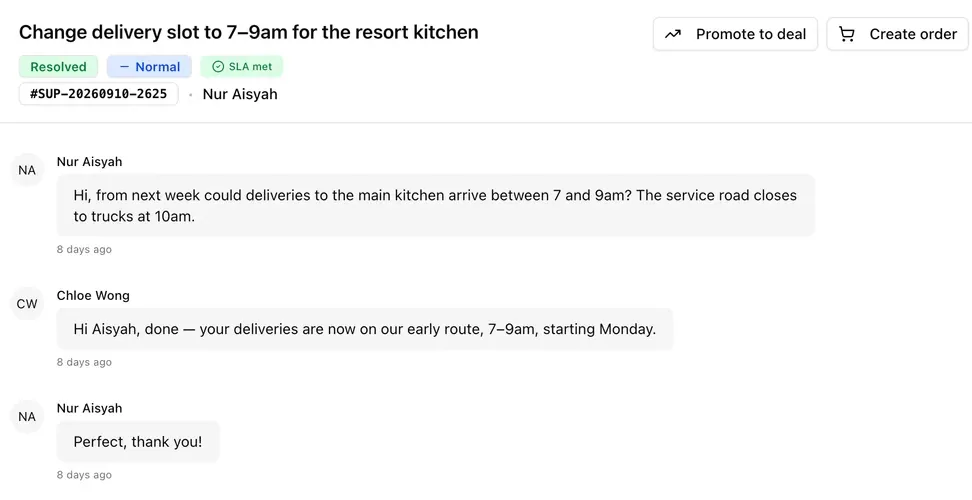A support conversation in LeapCount CRM