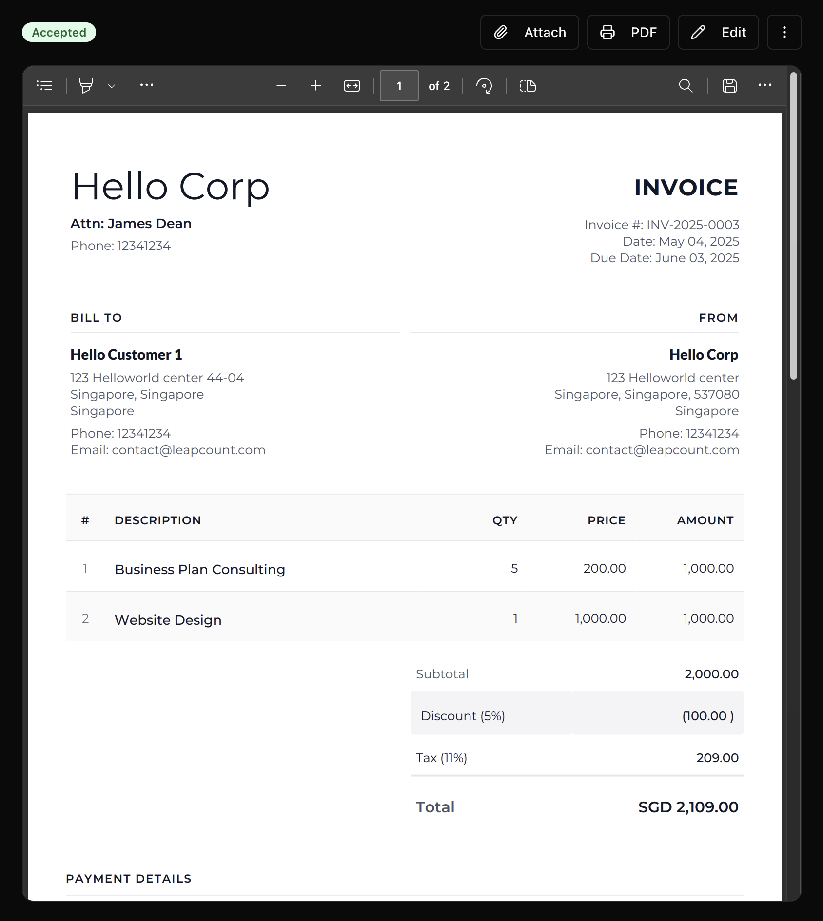 LeapCount Beautiful Invoice Example