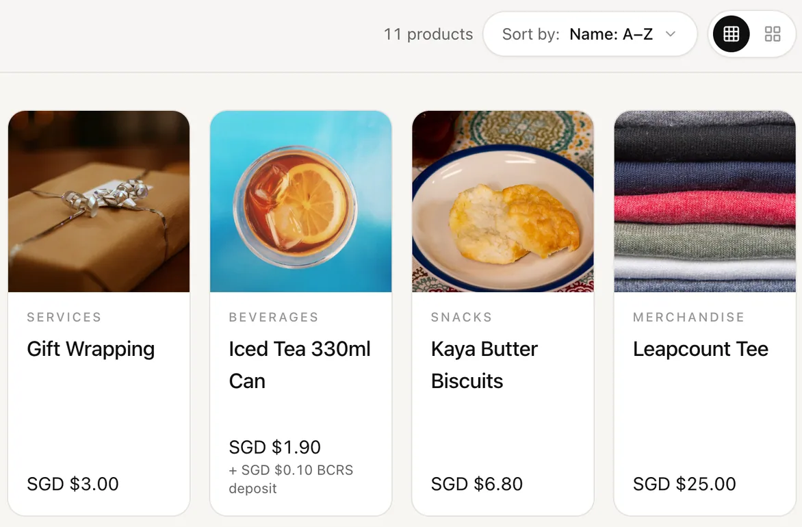 Laman kedai Kedai Dalam Talian LeapCount dengan kad produk dan harga
